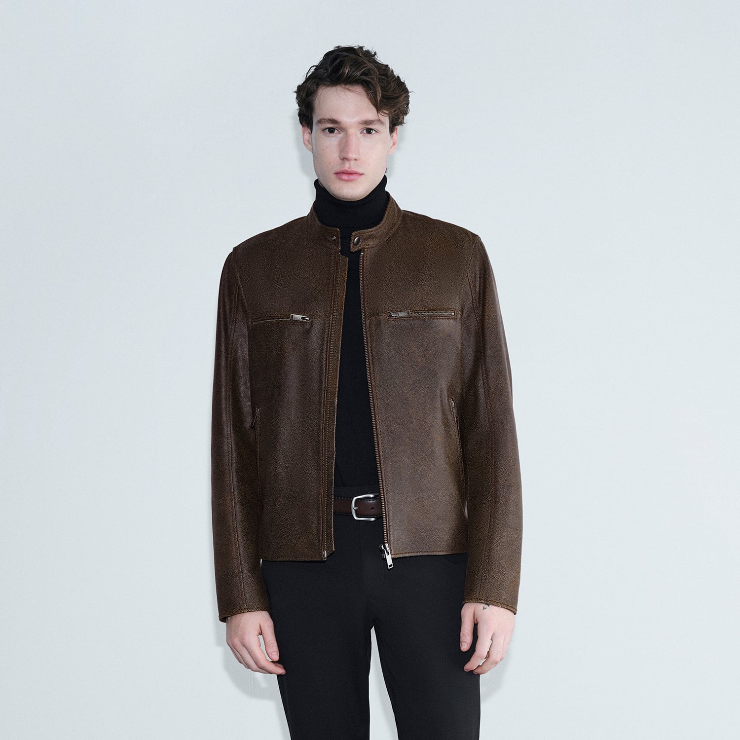  Erkek Kahve Hakim Yakalı Fit Deri Ceket