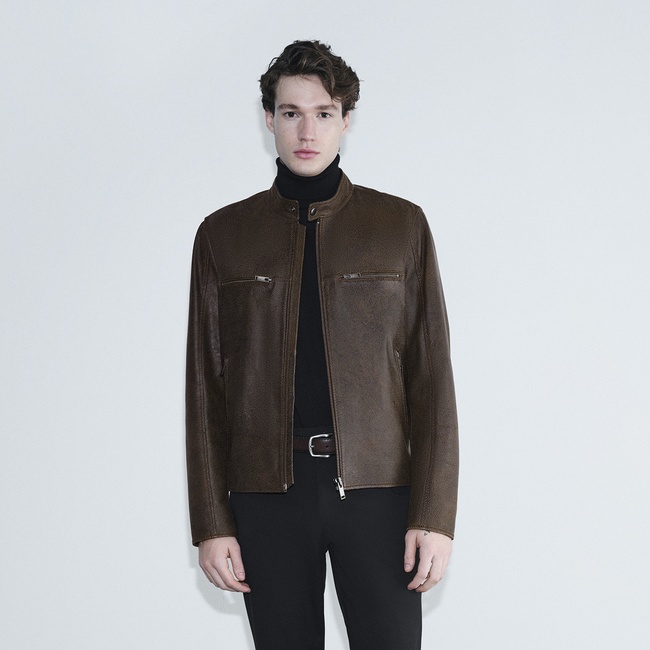  Erkek Kahve Hakim Yakalı Fit Deri Ceket