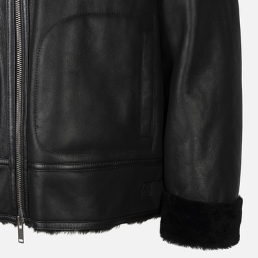  Erkek Siyah Gömlek Yakalı Deri Kürk Mont