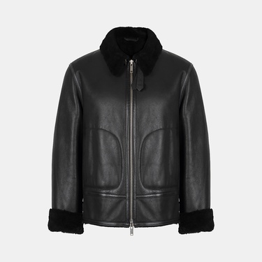  Erkek Siyah Gömlek Yakalı Deri Kürk Mont