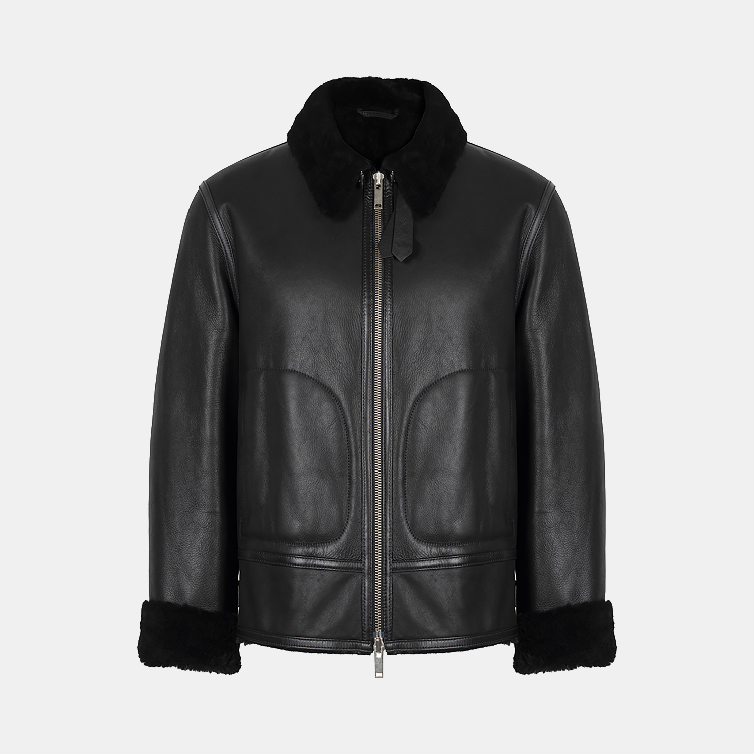  Erkek Siyah Gömlek Yakalı Deri Kürk Mont