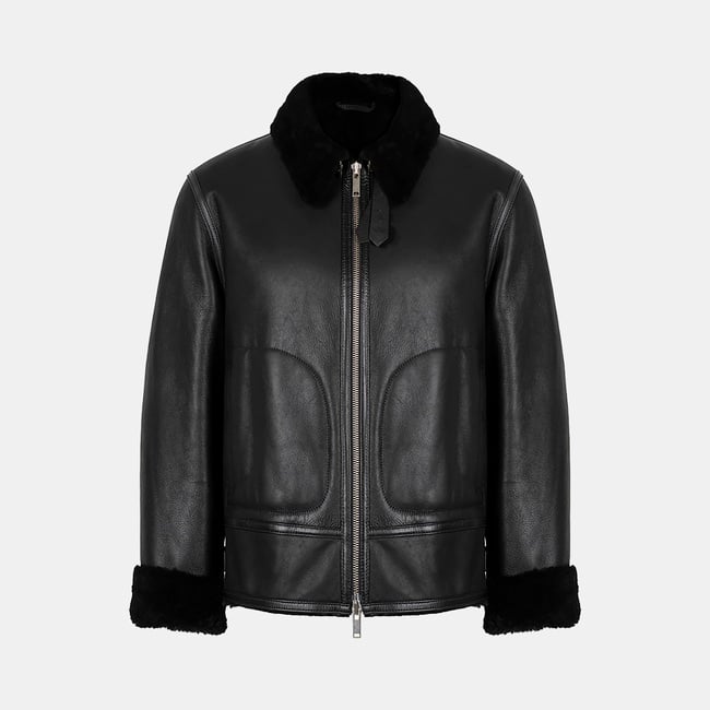  Erkek Siyah Gömlek Yakalı Deri Kürk Mont