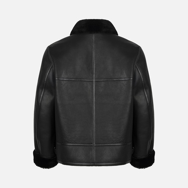  Erkek Siyah Gömlek Yakalı Deri Kürk Mont