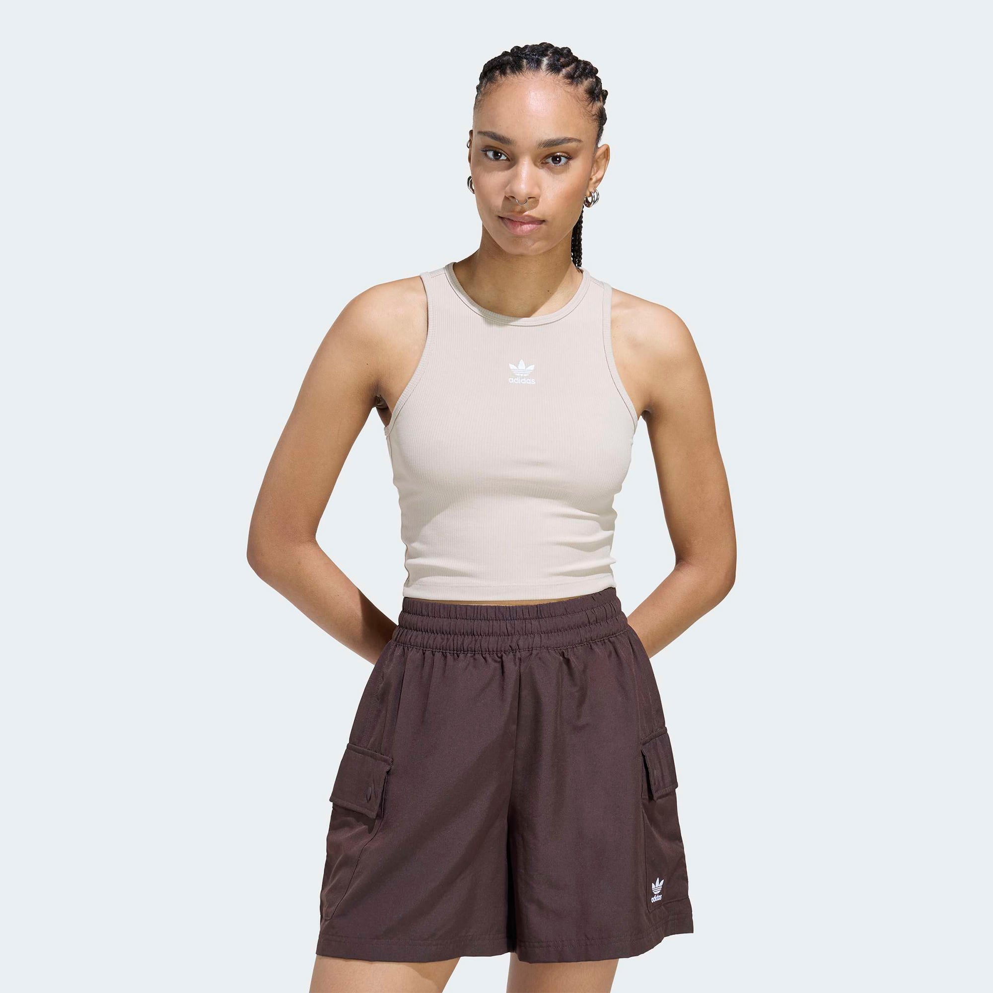  adidas Essentials Ribbed Kadın Bej Crop T-Shirt