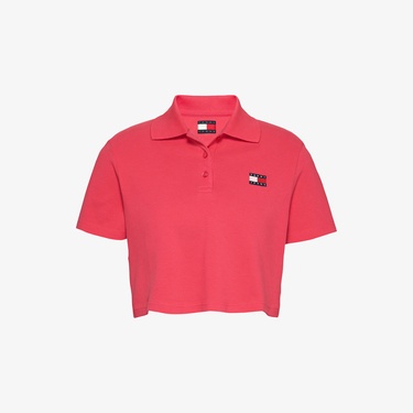 Tommy Jeans Crop Badge Kadın Pembe Polo Yaka T-Shirt