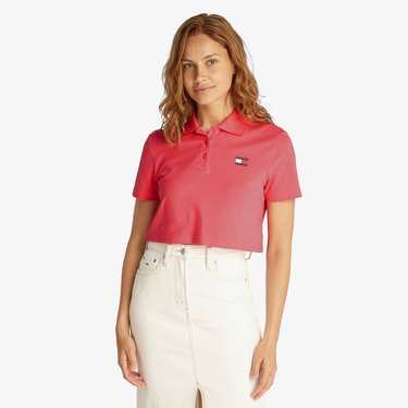  Tommy Jeans Crop Badge Kadın Pembe Polo Yaka T-Shirt