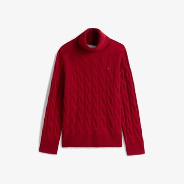  Tommy Hilfiger Soft Wool Cable Roll Kadın Kırmızı Kazak