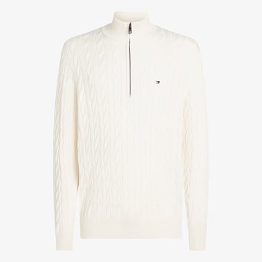  Tommy Hilfiger Classic Cotton Cable Zip Mock Erkek Yarım Fermuarlı Triko Beyaz Kazak