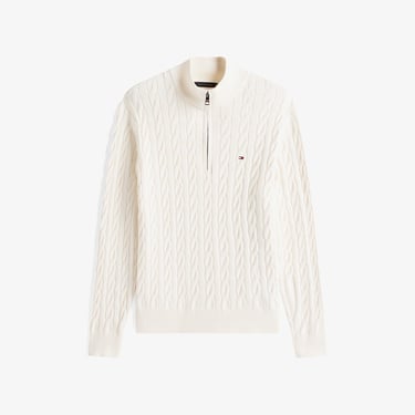  Tommy Hilfiger Classic Cotton Cable Zip Mock Erkek Yarım Fermuarlı Triko Beyaz Kazak