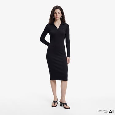  Calvin Klein Woven Label Johnny Collar Kadın Siyah Elbise