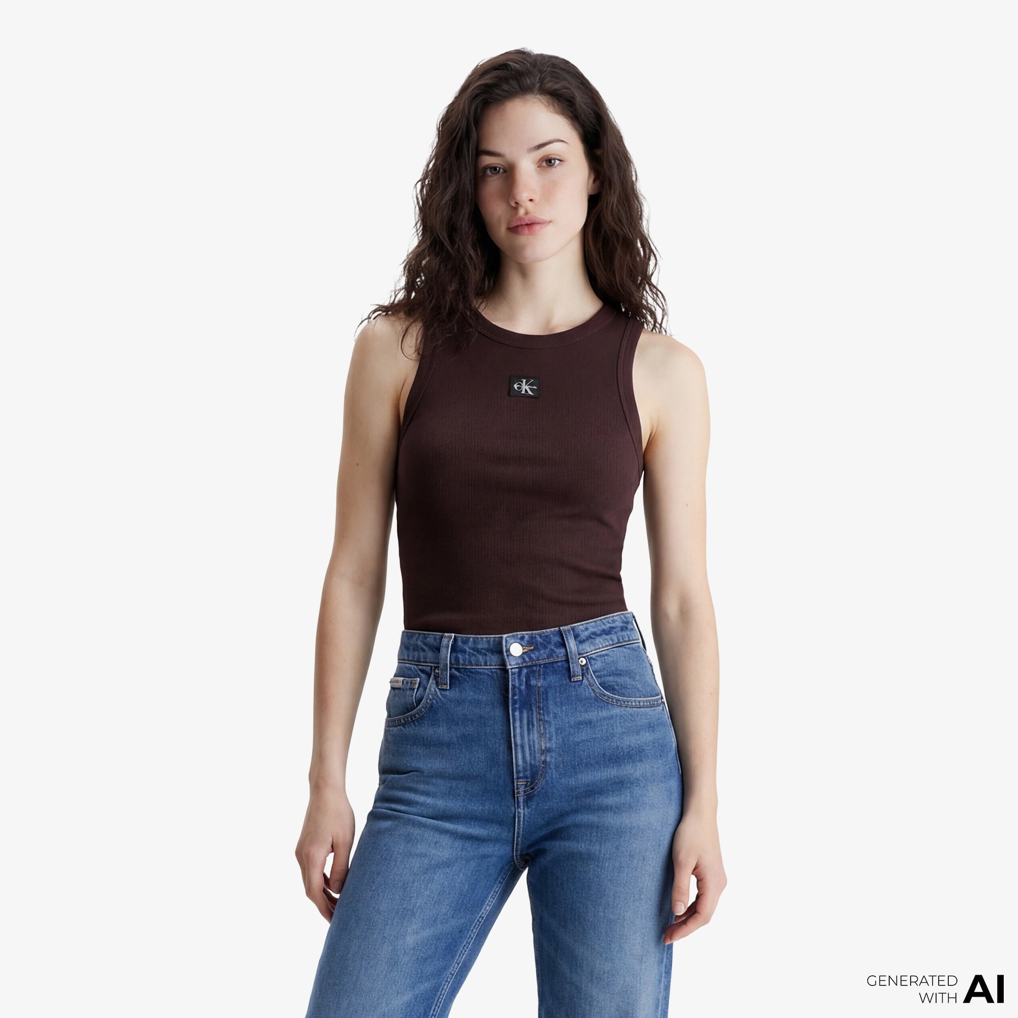 Calvin Klein Woven Label 2X2 Baby Rib Kadın Kahverengi Kolsuz T-Shirt