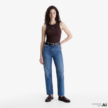  Calvin Klein Woven Label 2X2 Baby Rib Kadın Kahverengi Kolsuz T-Shirt