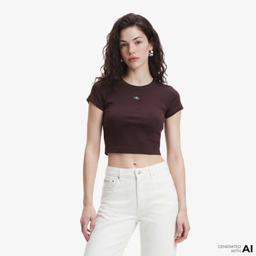  Calvin Klein Woven Label 2X2 Baby Rib Baby Kadın Kahverengi T-Shirt