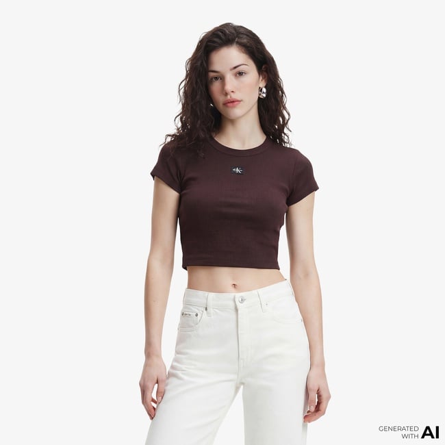  Calvin Klein Woven Label 2X2 Baby Rib Baby Kadın Kahverengi T-Shirt
