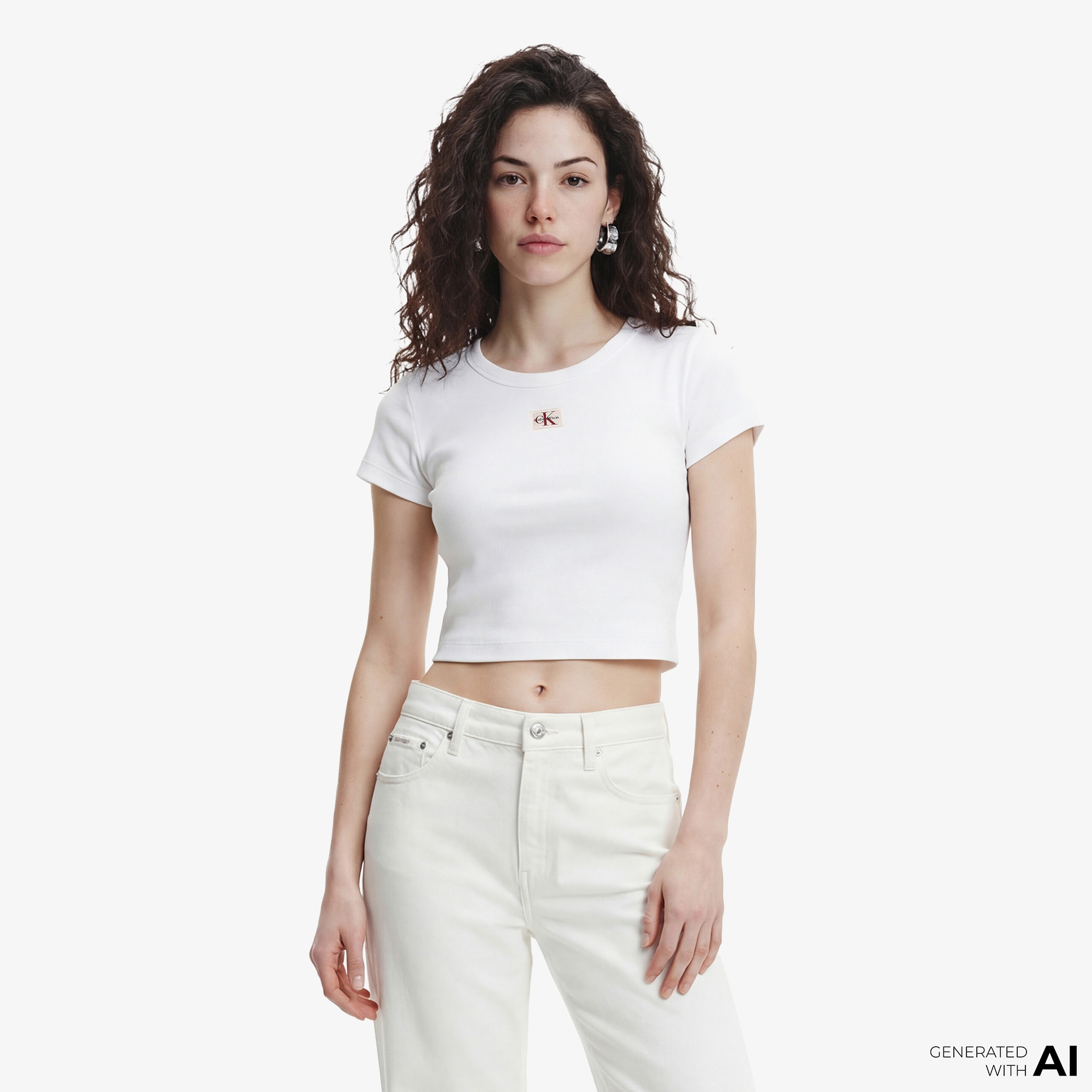 Calvin Klein Woven Label 2X2 Baby Rib Baby Kadın Beyaz T-Shirt