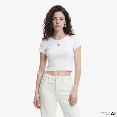  Calvin Klein Woven Label 2X2 Baby Rib Baby Kadın Beyaz T-Shirt