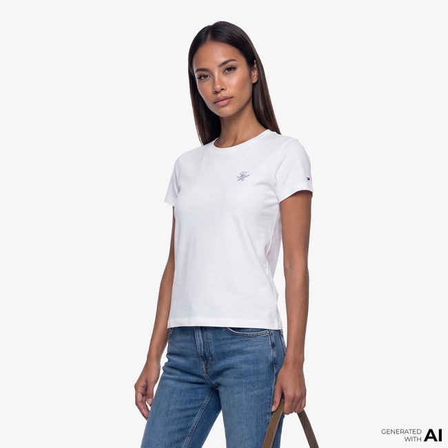  Tommy Hilfiger Script Kadın Beyaz T-Shirt