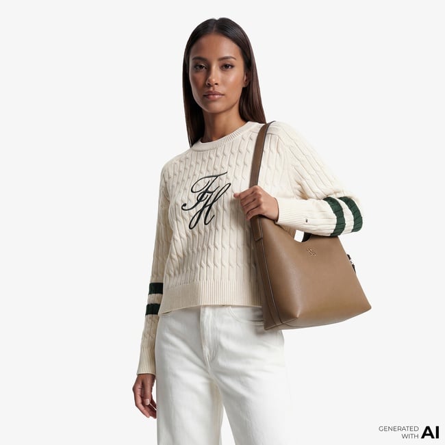  Tommy Hilfiger Textured Graphic Kadın Bej Triko