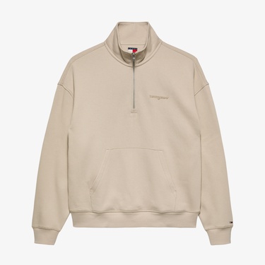  Tommy Hilfiger Jeans 90s Script Rib Fleece 1/4 Zipped Erkek Bej Sweatshirt