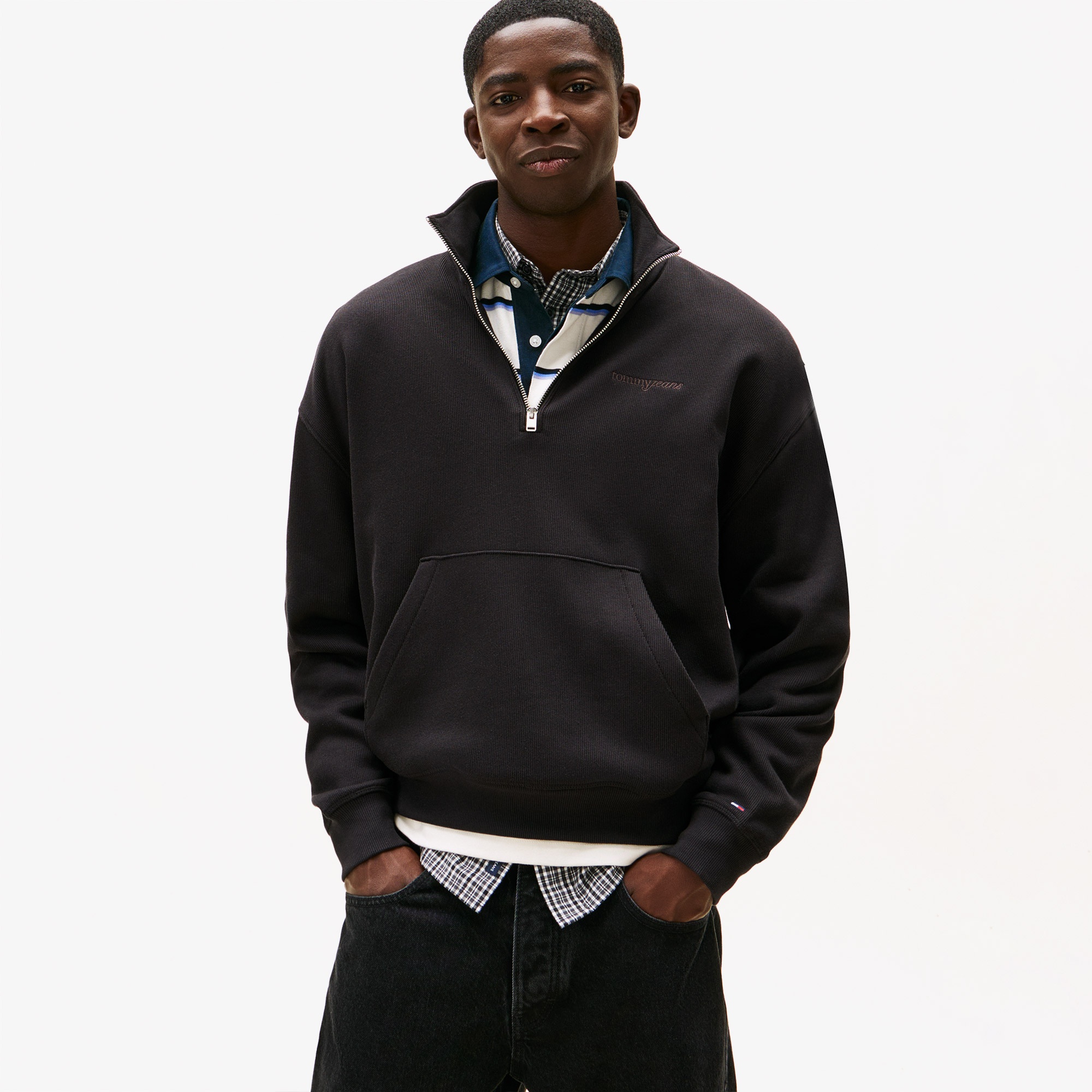 Tommy Hilfiger Jeans 90s Script Rib Fleece 1/4 Zipped Erkek Siyah Sweatshirt