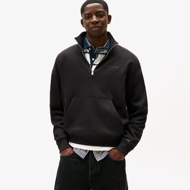  Tommy Hilfiger Jeans 90s Script Rib Fleece 1/4 Zipped Erkek Siyah Sweatshirt