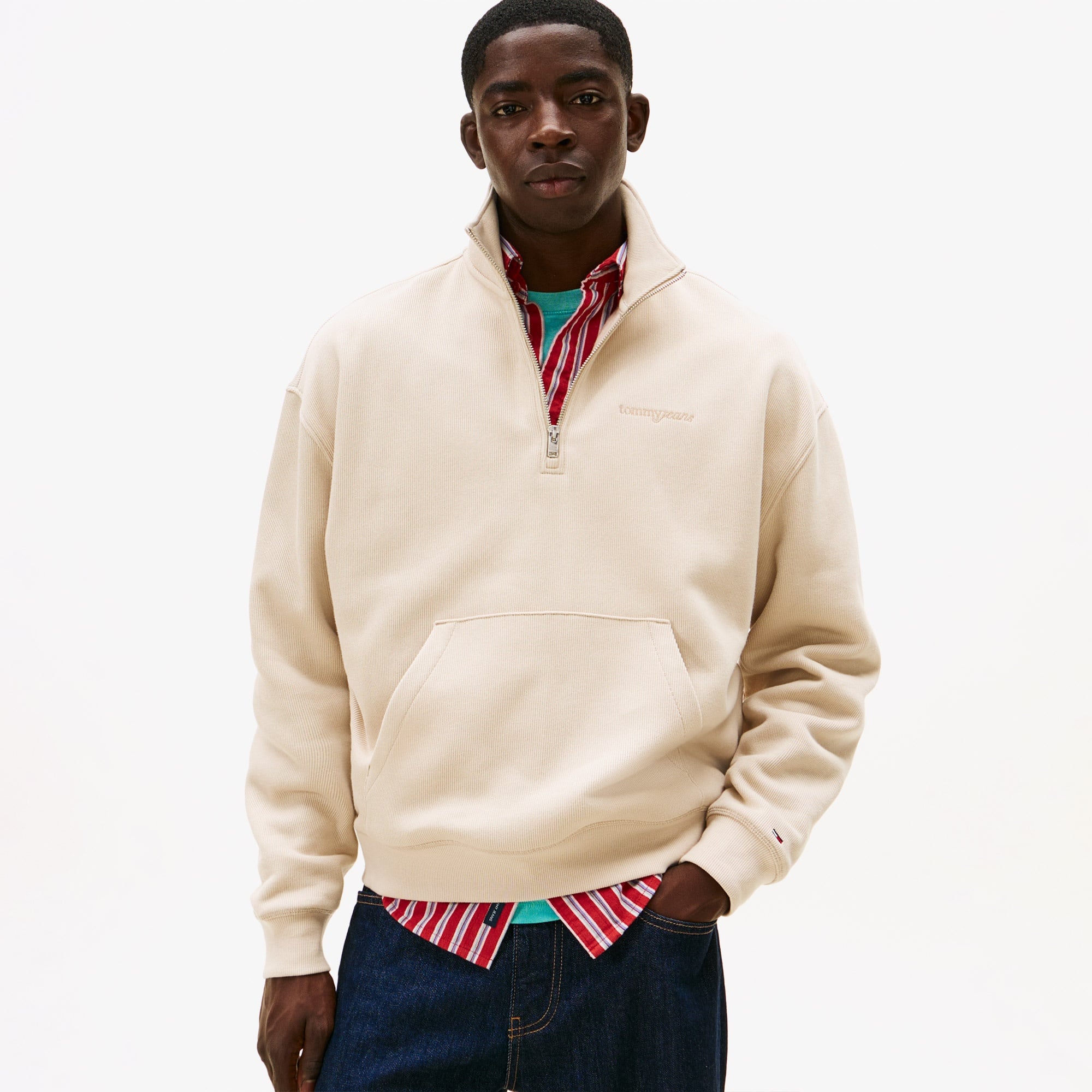 Tommy Hilfiger Jeans 90s Script Rib Fleece 1/4 Zipped Erkek Bej Sweatshirt