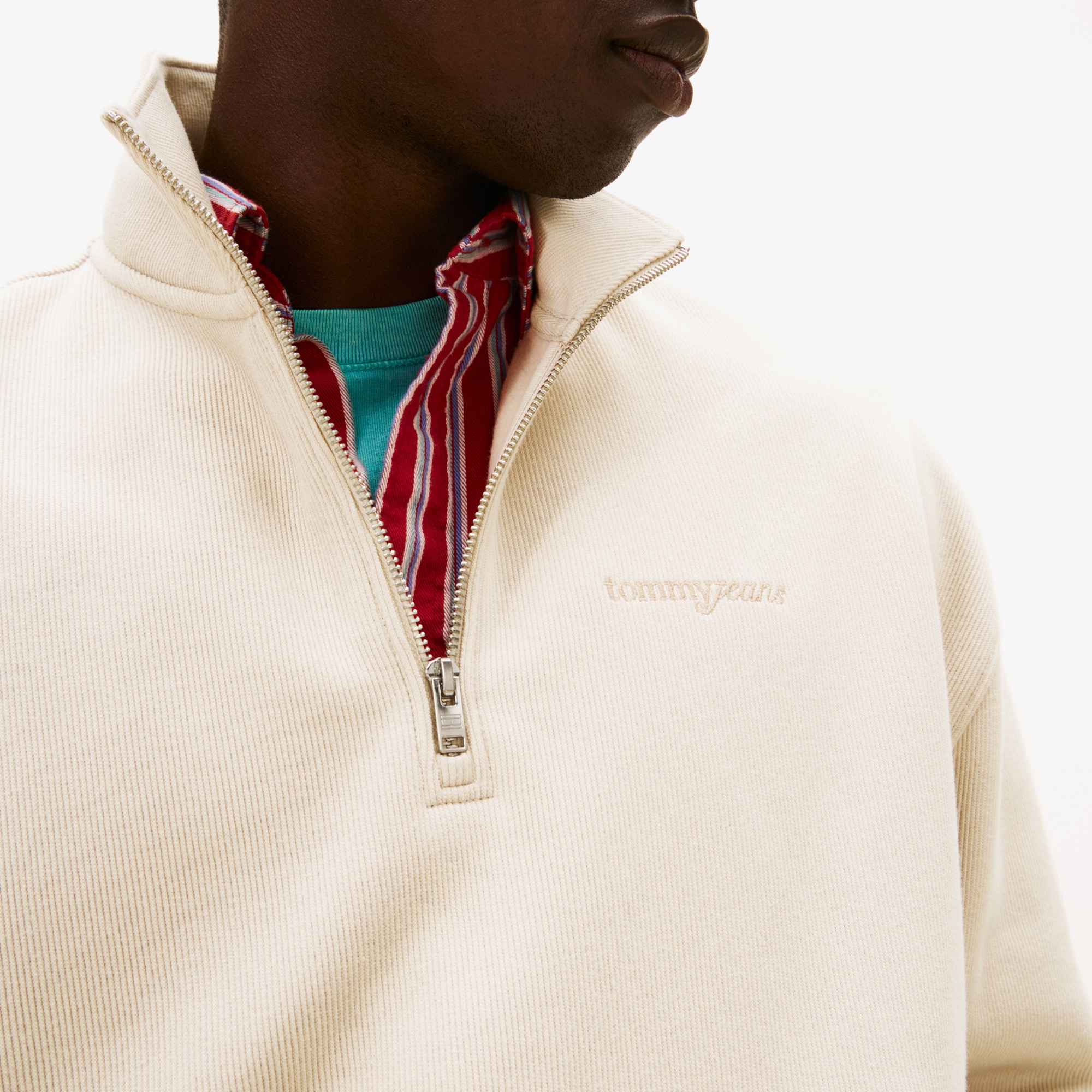 Tommy Hilfiger Jeans 90s Script Rib Fleece 1/4 Zipped Erkek Bej Sweatshirt