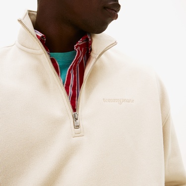  Tommy Hilfiger Jeans 90s Script Rib Fleece 1/4 Zipped Erkek Bej Sweatshirt