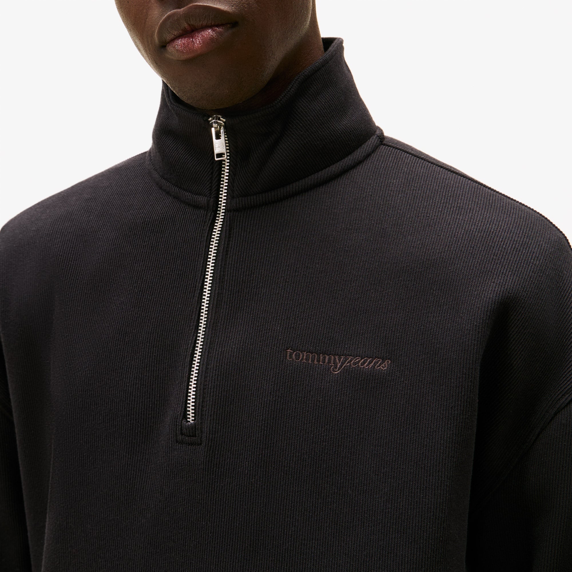 Tommy Hilfiger Jeans 90s Script Rib Fleece 1/4 Zipped Erkek Siyah Sweatshirt