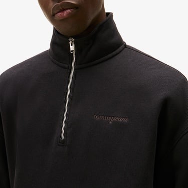  Tommy Hilfiger Jeans 90s Script Rib Fleece 1/4 Zipped Erkek Siyah Sweatshirt