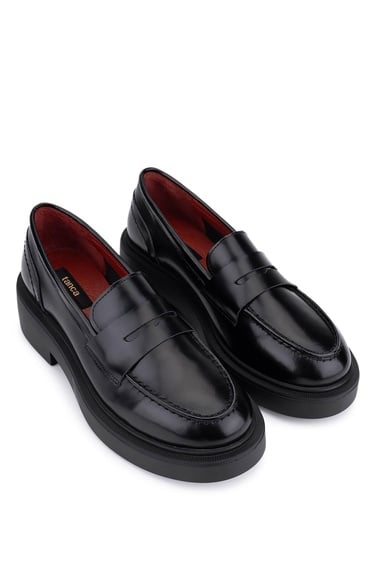  Tamer Tanca Kadın Hakiki Deri Siyah Açma Loafer Ayakkabı