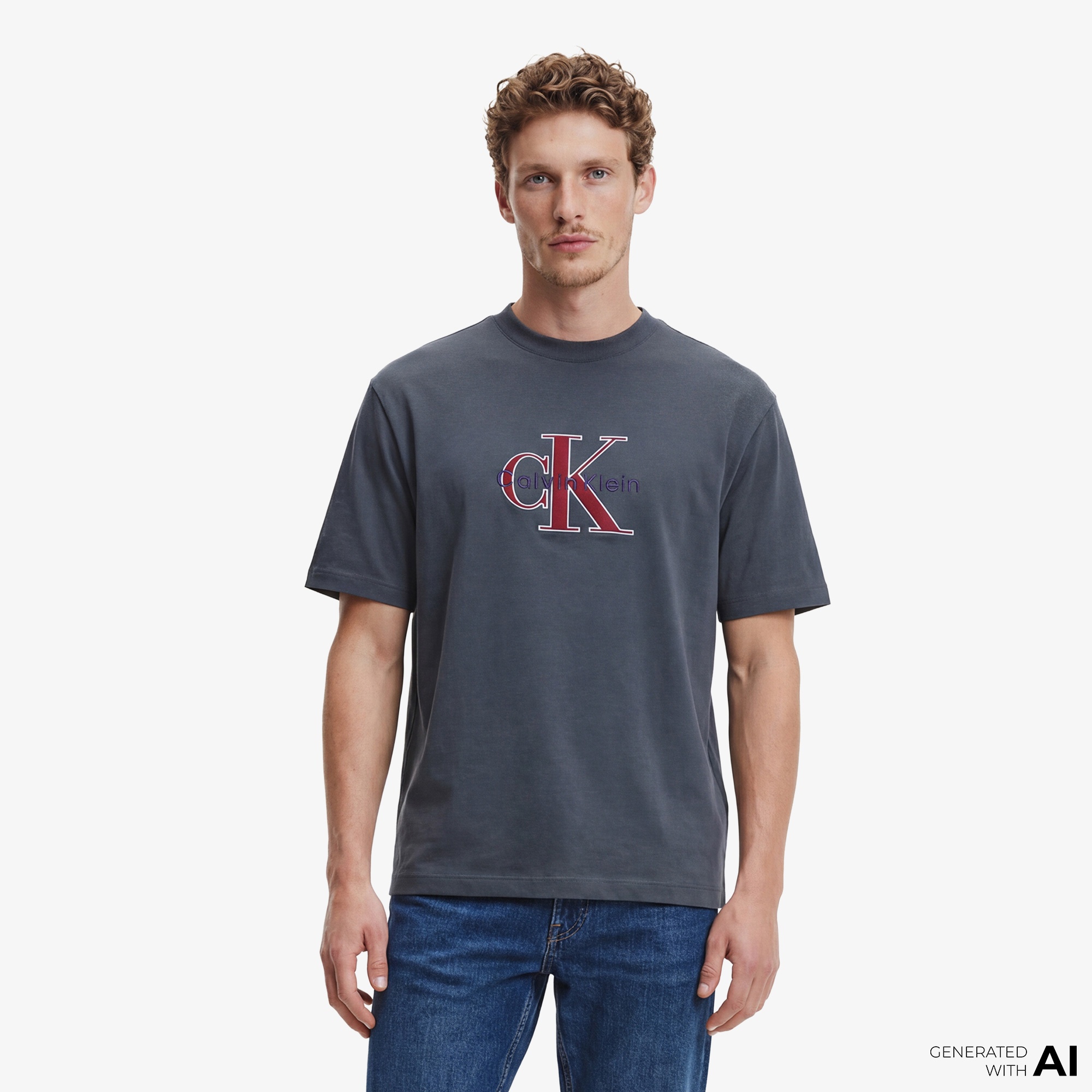 Calvin Klein Tricolor Monologo Graphic Erkek Mavi T-Shirt