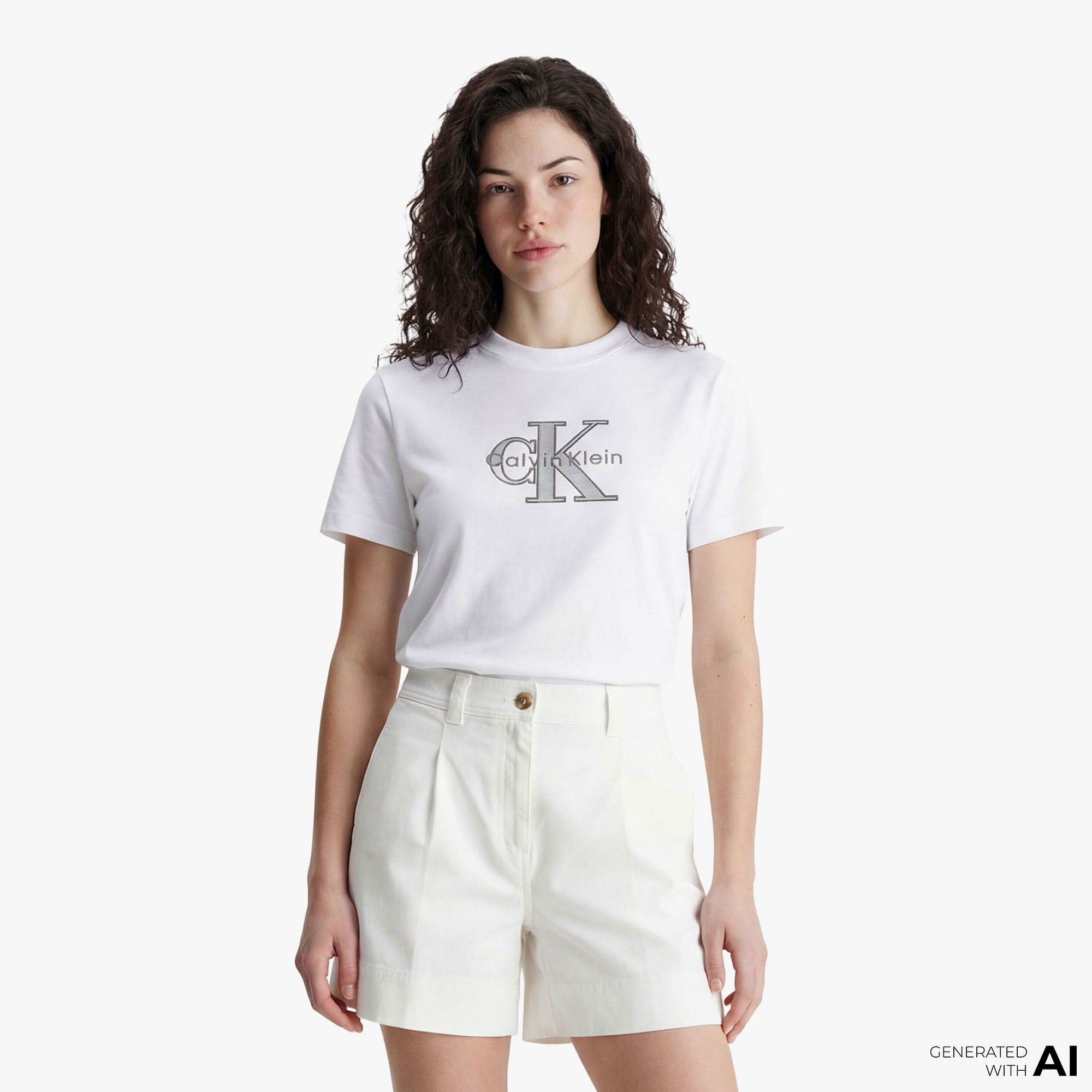 Calvin Klein Classic Monologo Metallic Kadın Beyaz T-Shirt