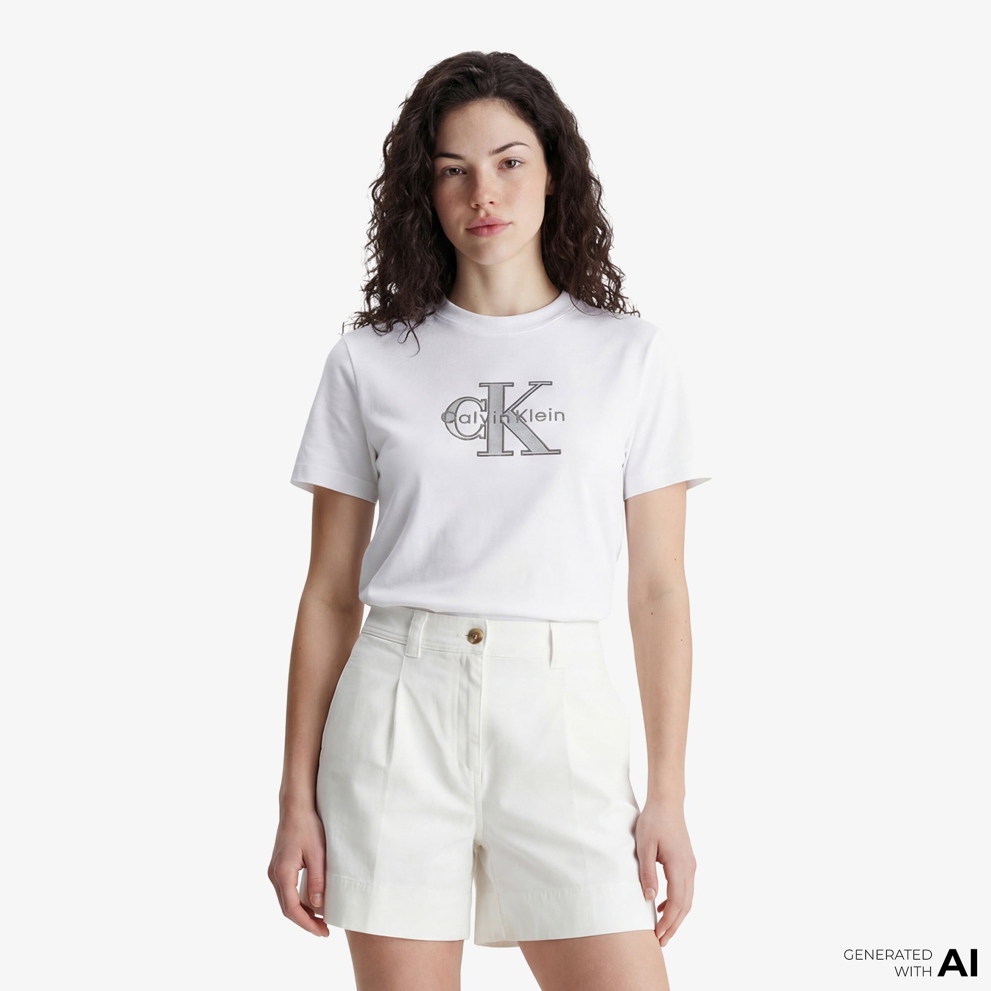  Calvin Klein Classic Monologo Metallic Kadın Beyaz T-Shirt