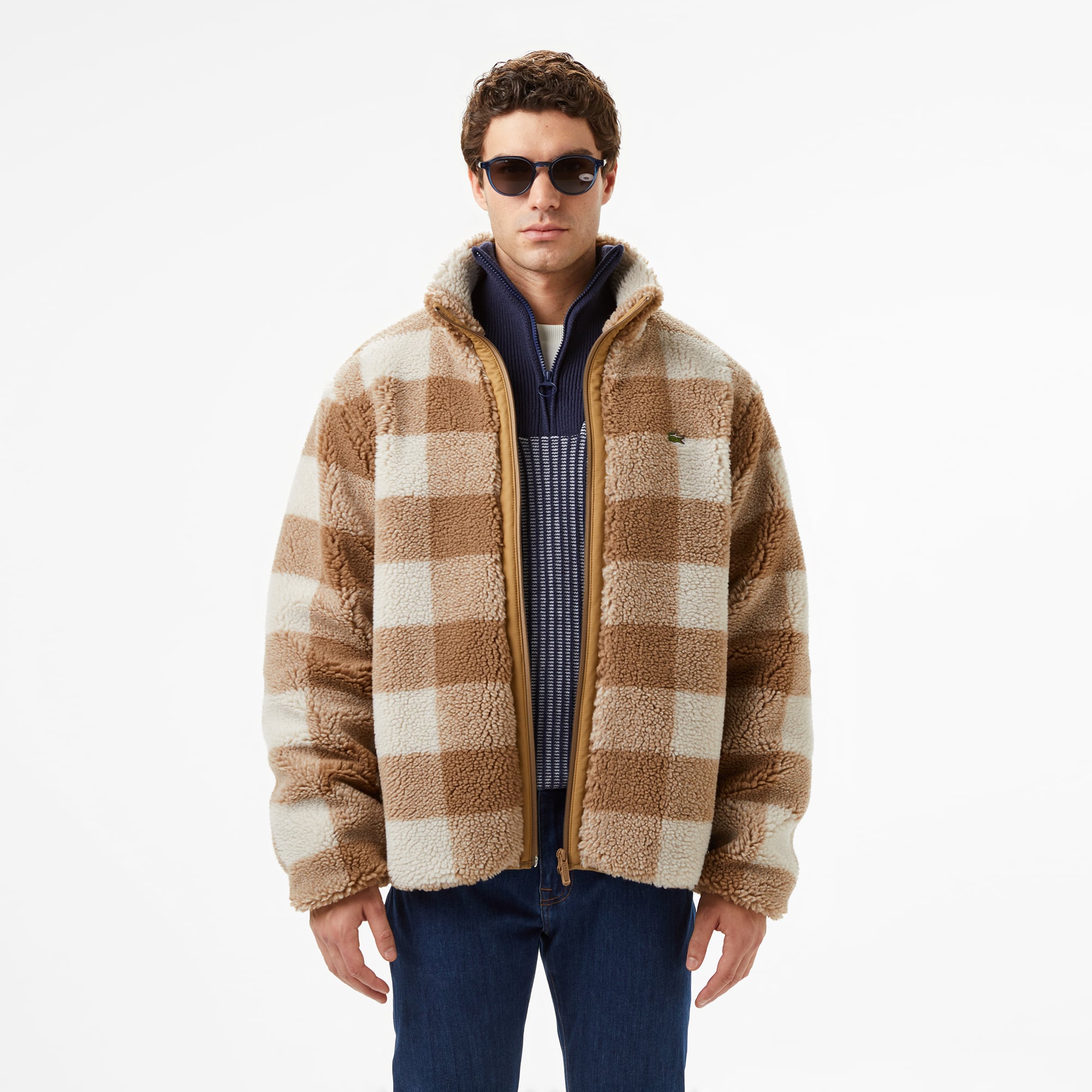  Lacoste Erkek Dik Yaka Ekose Bej Mont