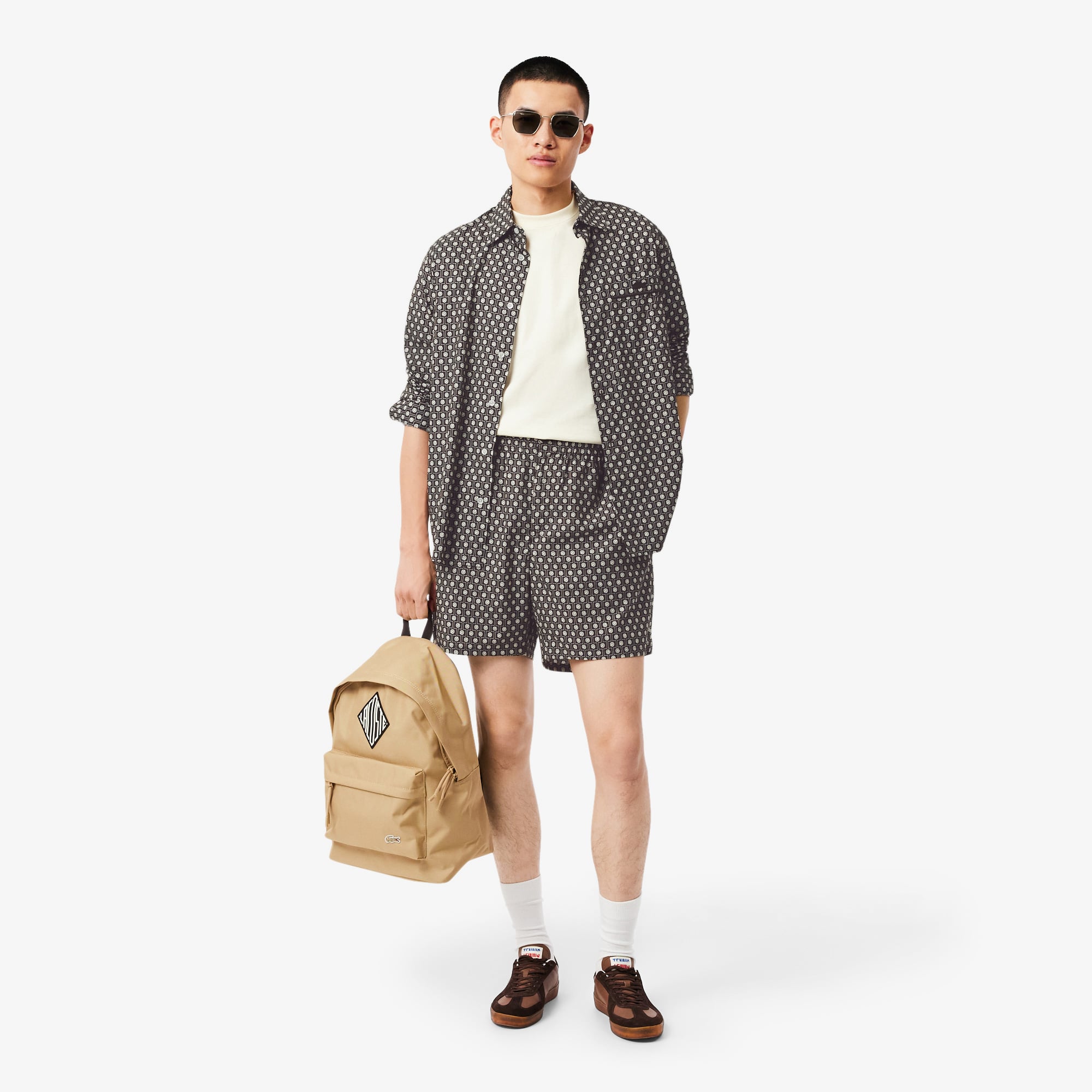  Lacoste Erkek Relaxed Fit Desenli Kahverengi Şort