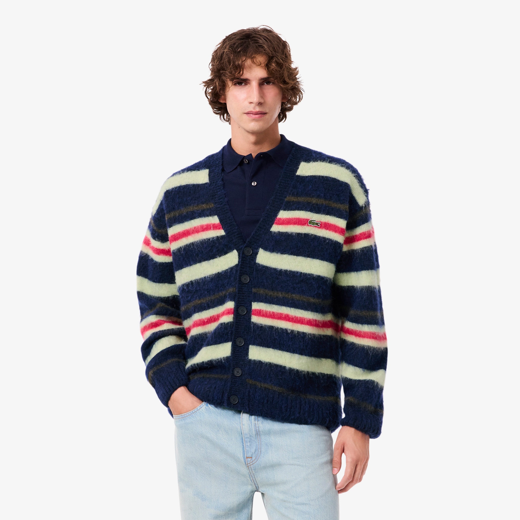 Lacoste Erkek Relaxed Fit V Yaka Desenli Renkli Hırka