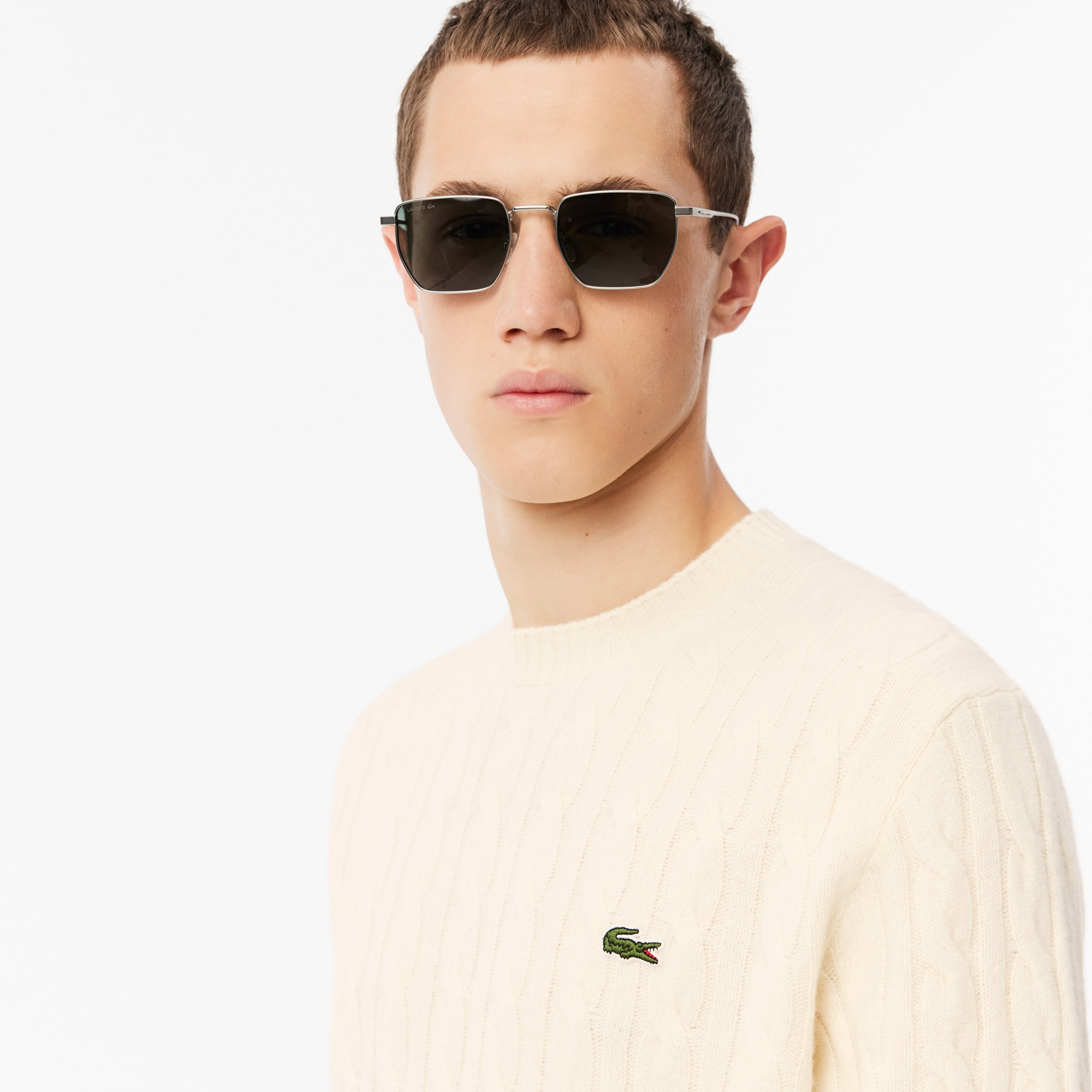 Lacoste Erkek Classic Fit Bisiklet Yaka Desenli Krem Kazak