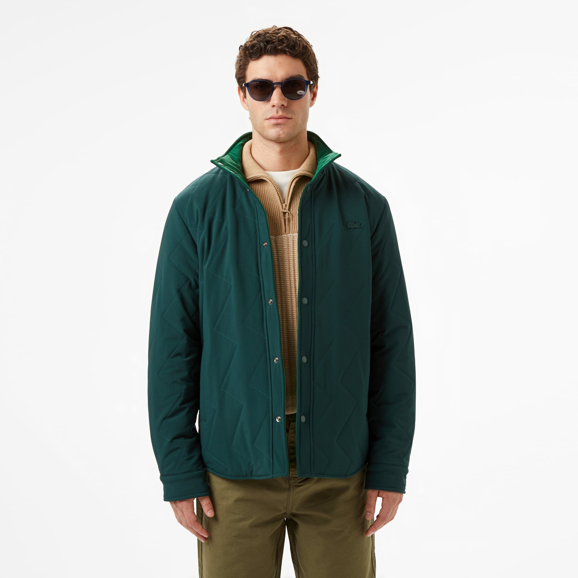  Lacoste Erkek Dik Yaka Çift Taraflı Koyu Yeşil Mont