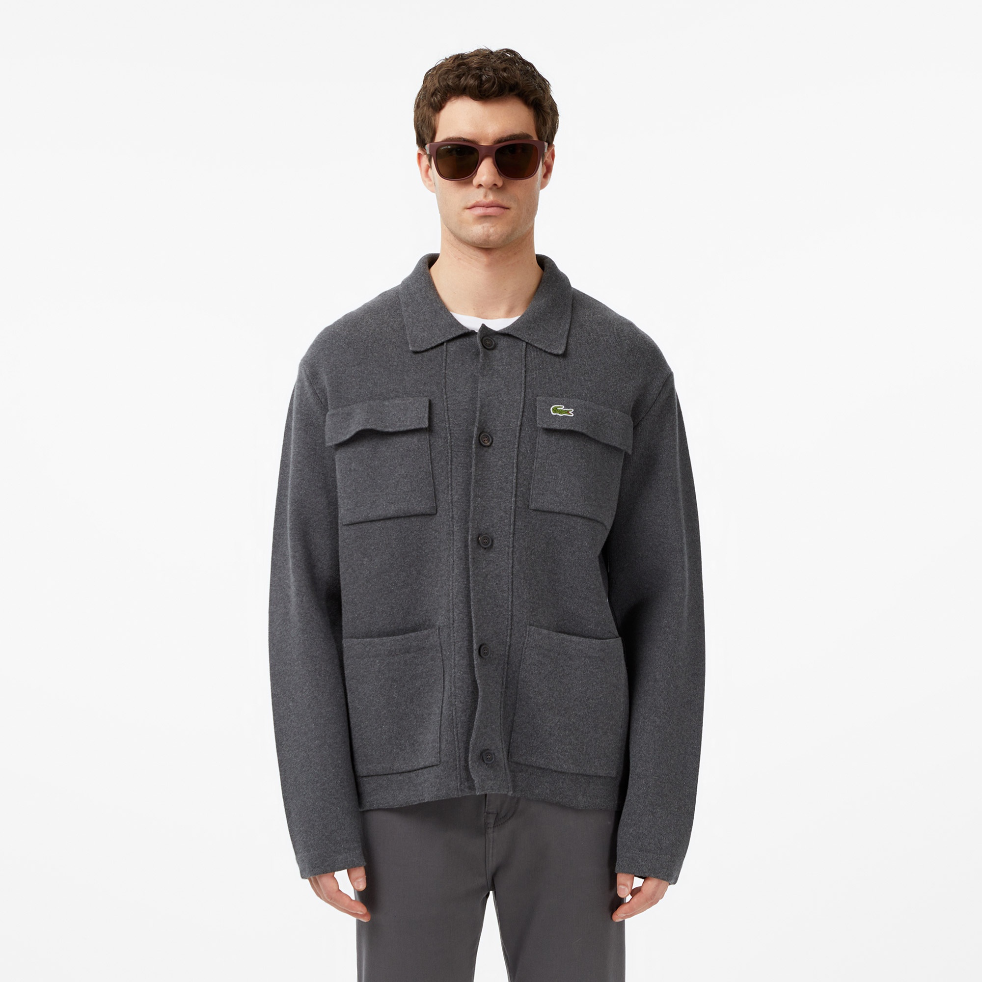 Lacoste Erkek Classic Fit Polo Yaka Gri Hırka