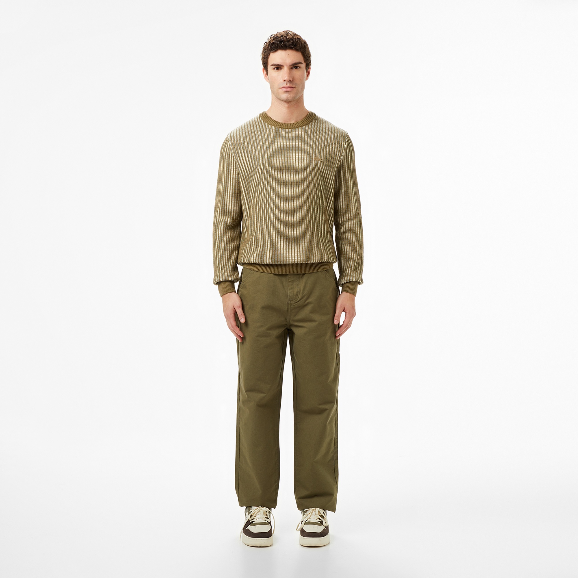 Lacoste Erkek Classic Fit Bisiklet Yaka Desenli Haki Kazak