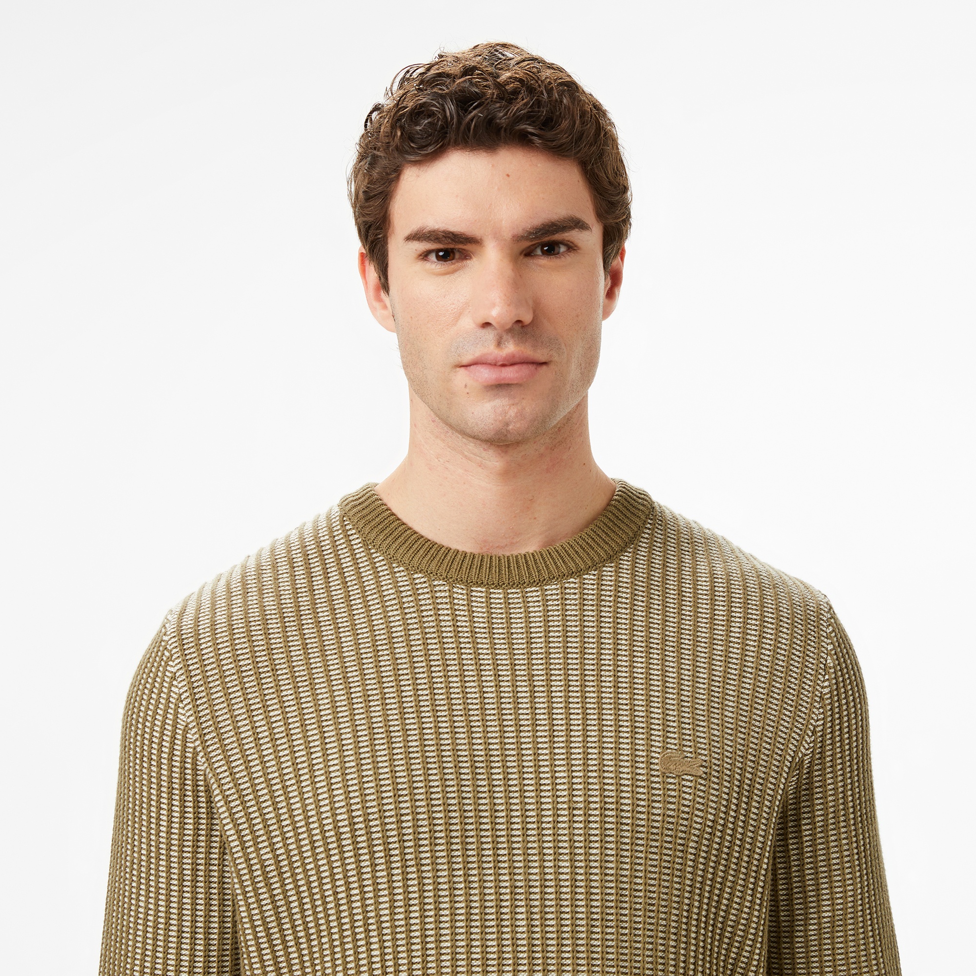 Lacoste Erkek Classic Fit Bisiklet Yaka Desenli Haki Kazak