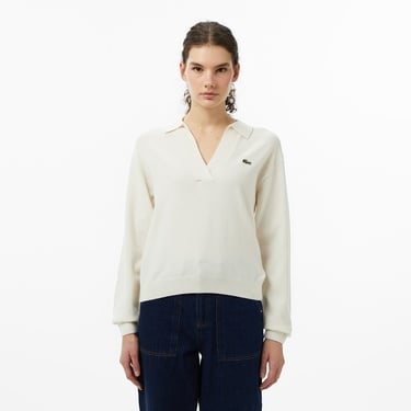  Lacoste Kadın Classic Fit Polo Yaka Krem Kazak
