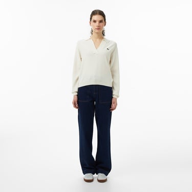  Lacoste Kadın Classic Fit Polo Yaka Krem Kazak