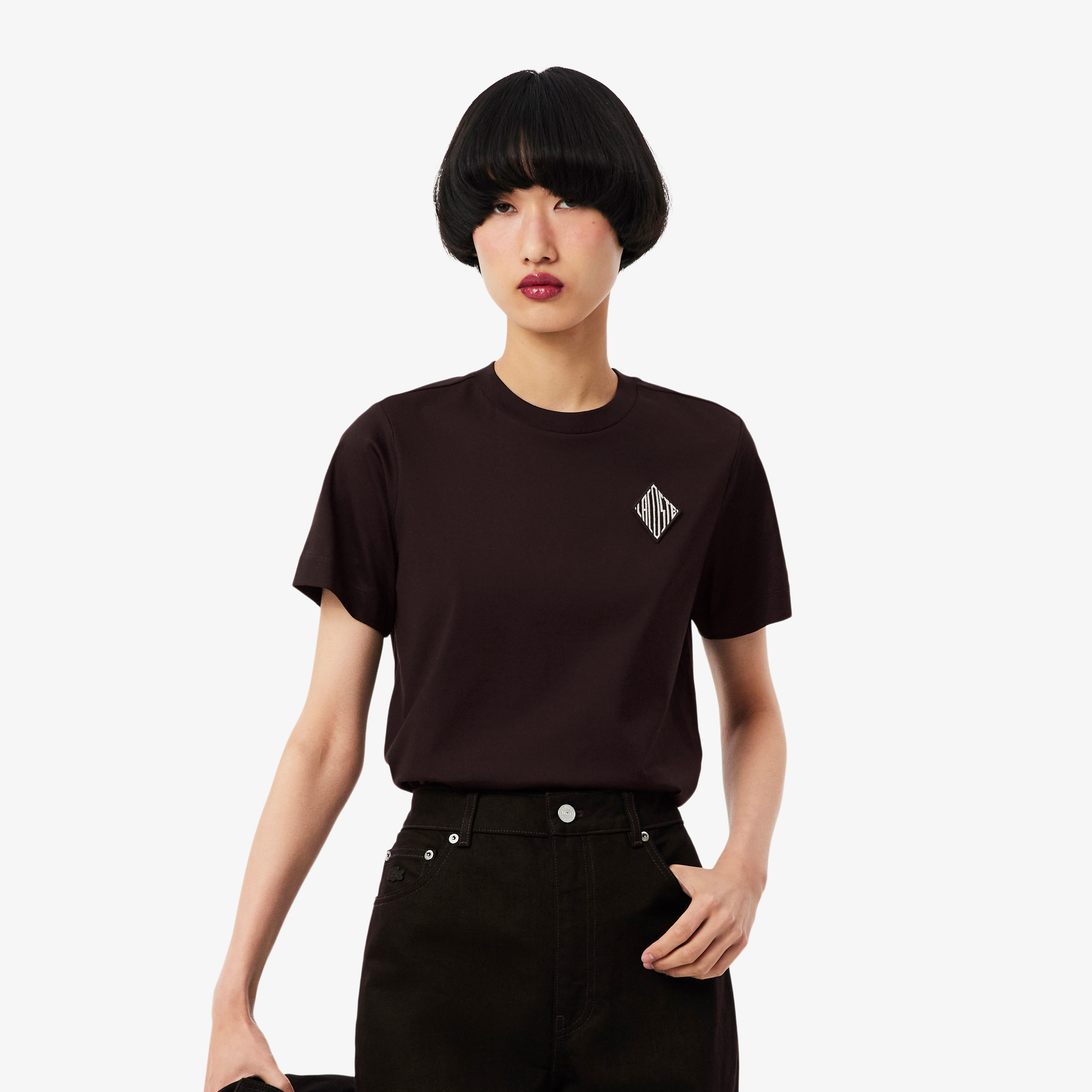  Lacoste Kadın Regular Fit Bisiklet Yaka Koyu Kahverengi T-Shirt