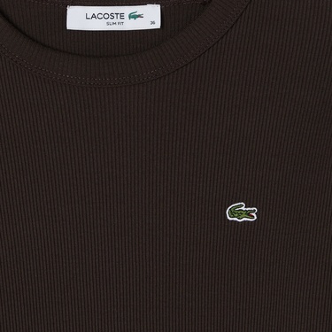  Lacoste Kadın Slim Fit Uzun Kollu Bisiklet Yaka Kahverengi T-Shirt