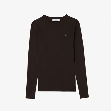  Lacoste Kadın Slim Fit Uzun Kollu Bisiklet Yaka Kahverengi T-Shirt