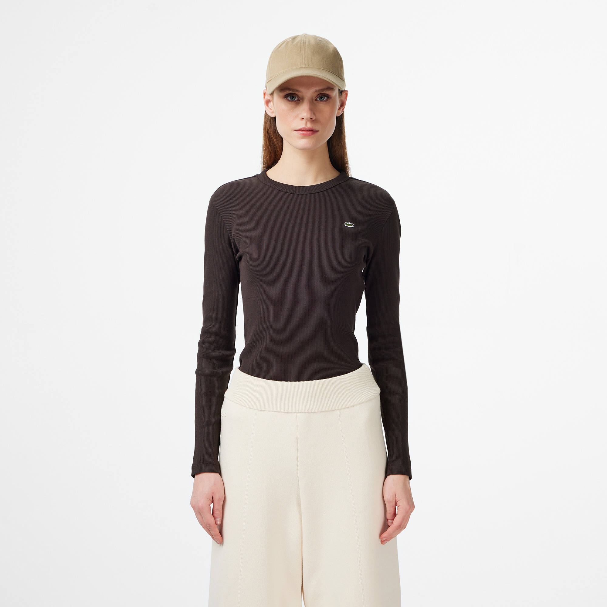 Lacoste Kadın Slim Fit Uzun Kollu Bisiklet Yaka Kahverengi T-Shirt