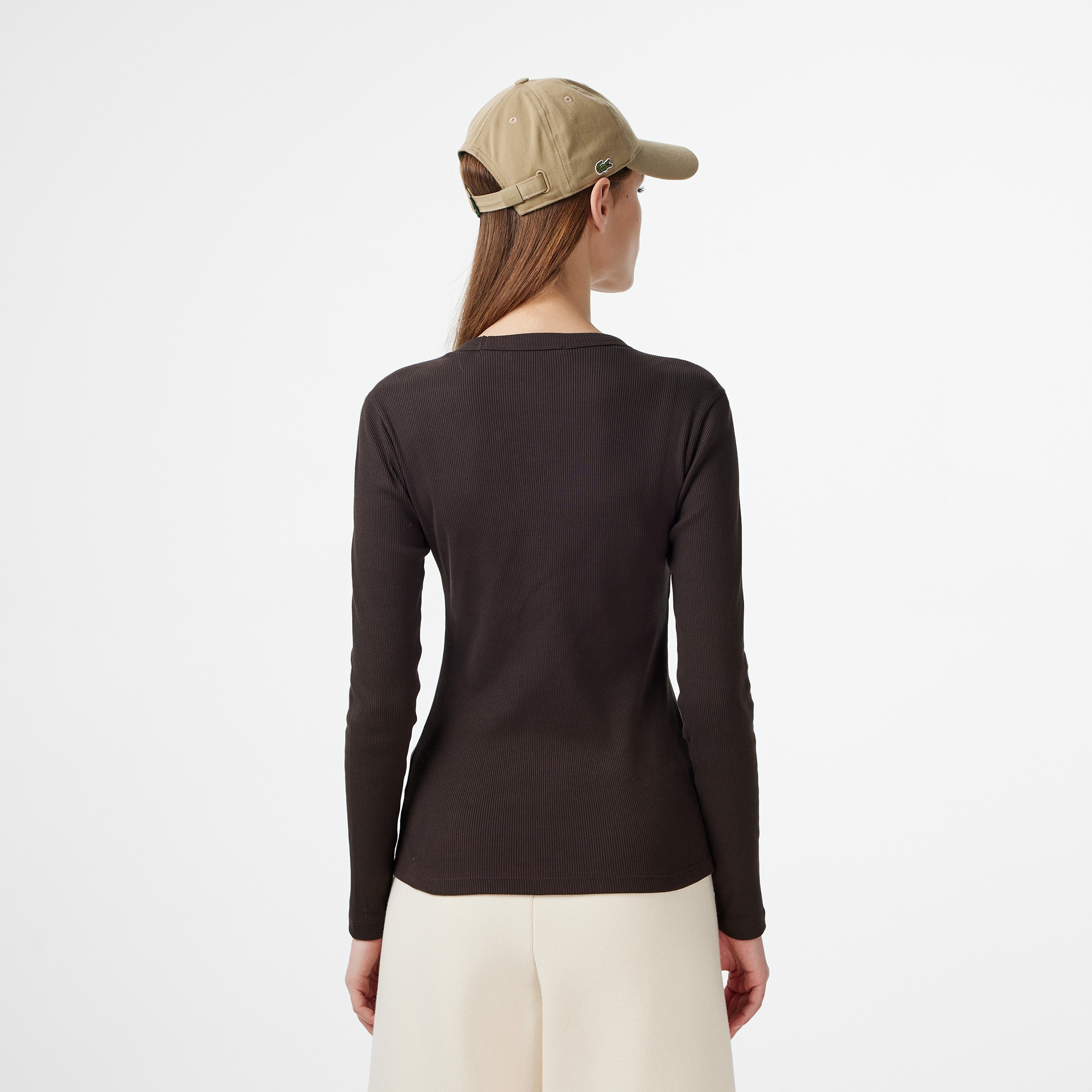 Lacoste Kadın Slim Fit Uzun Kollu Bisiklet Yaka Kahverengi T-Shirt