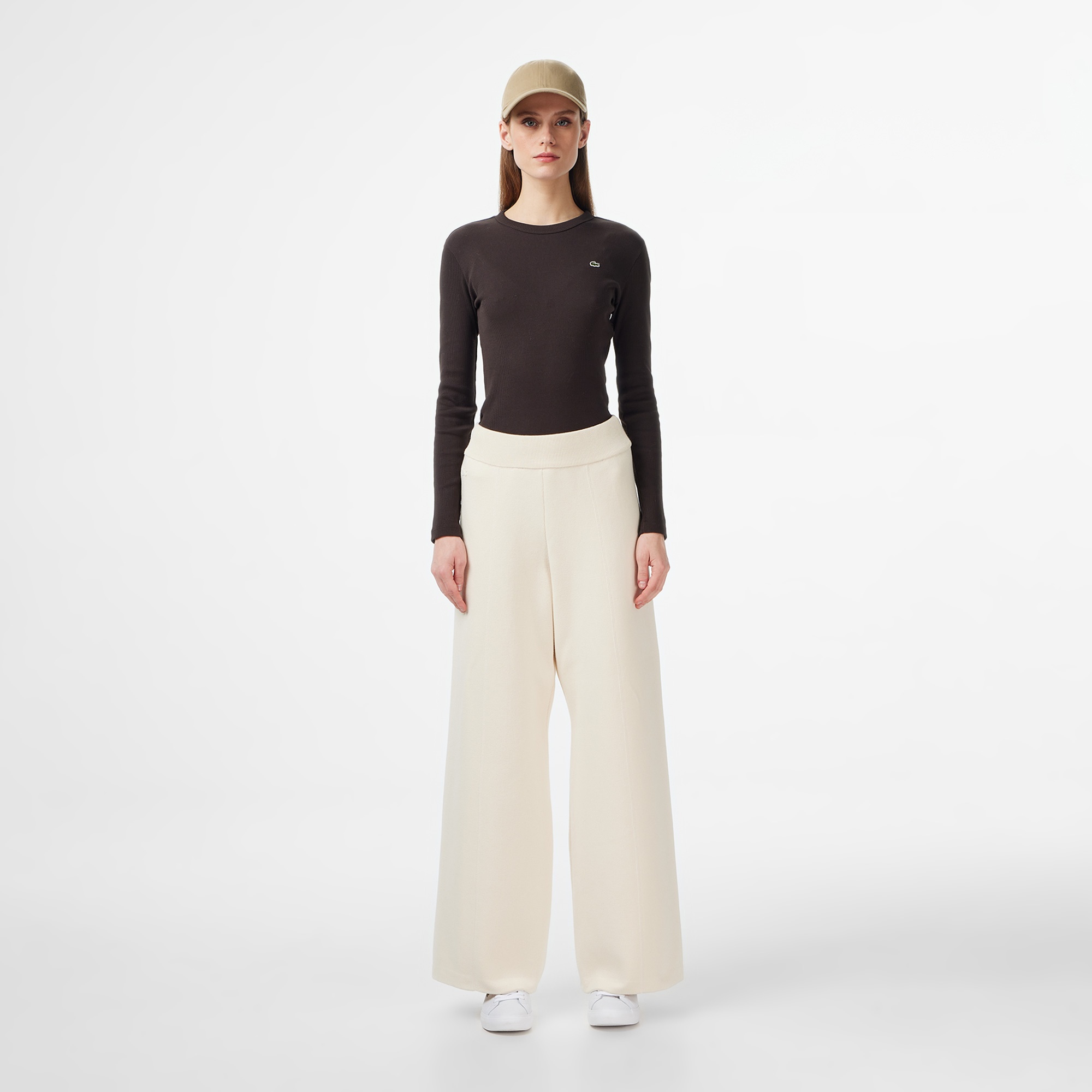 Lacoste Kadın Slim Fit Uzun Kollu Bisiklet Yaka Kahverengi T-Shirt